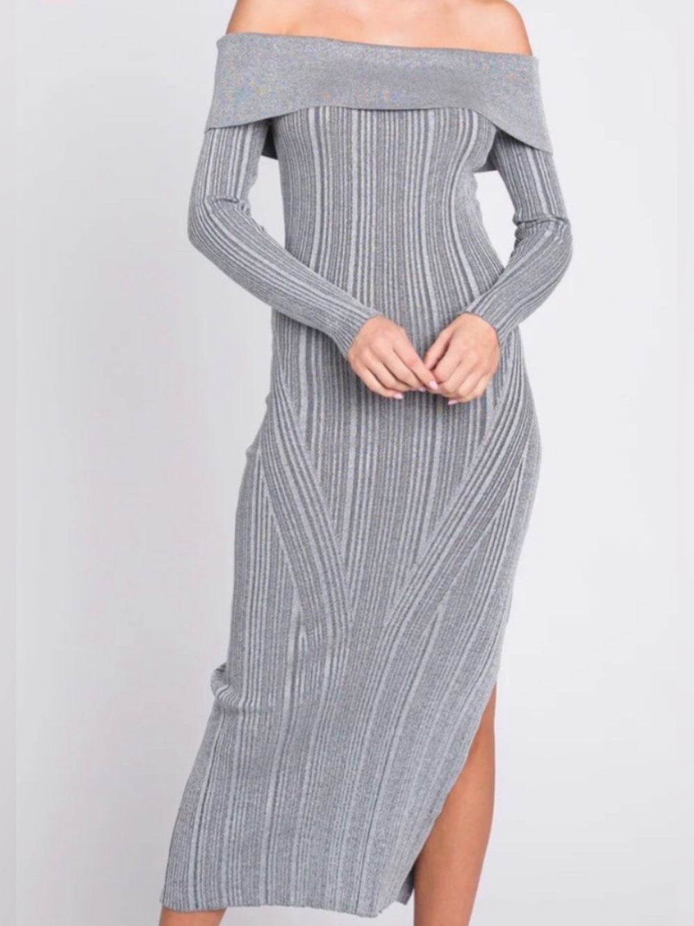 NWT Le Lis Off-Shoulder Ribbed Maxi Dress - Gray